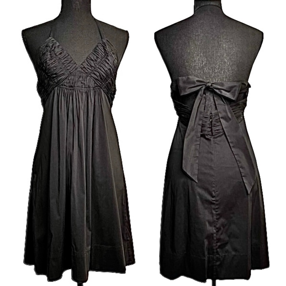 BCBGMaxAzria 90s Y2K Ruched Halter Fit Flare Mini Dress Medium Black Tie Back